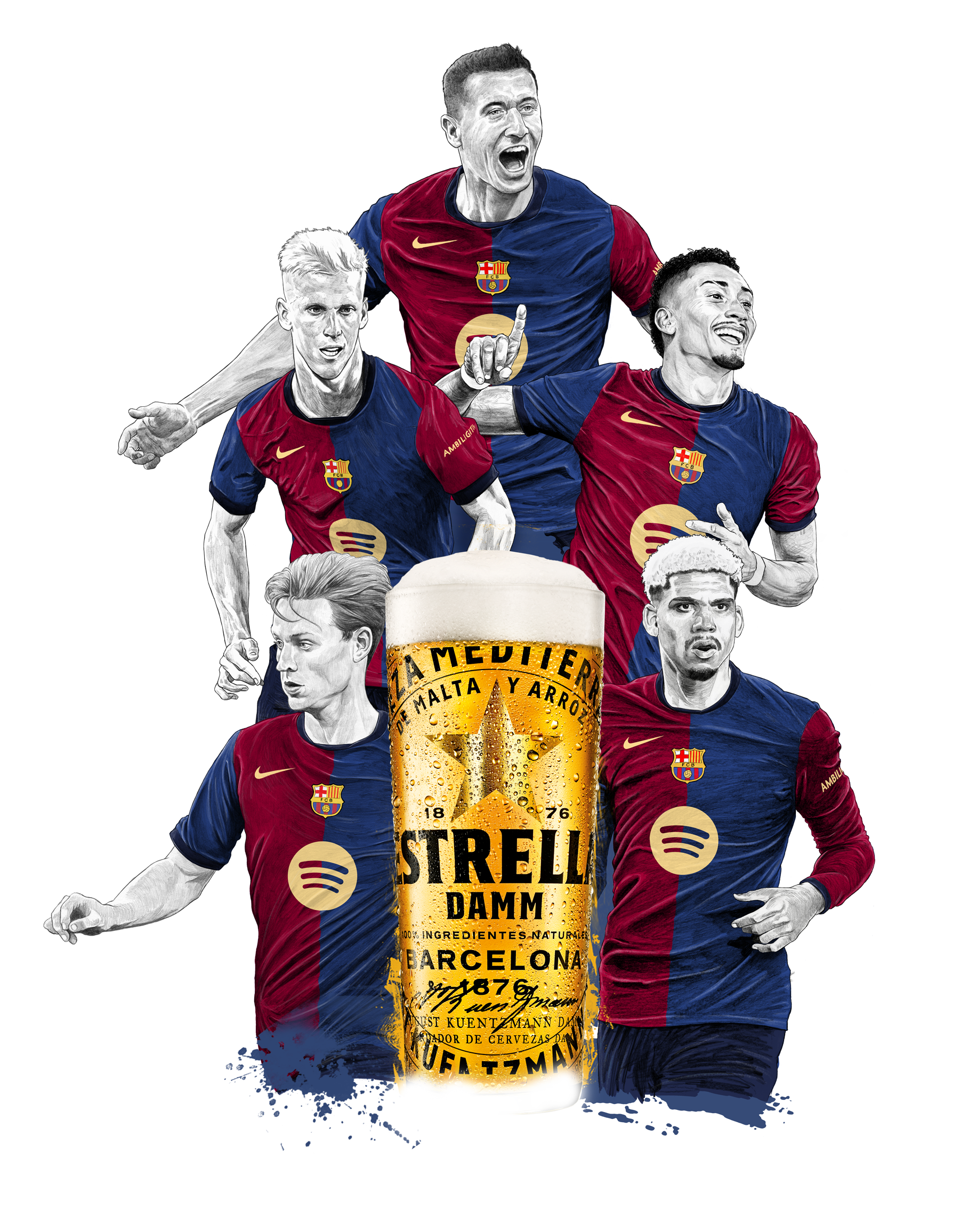 FCB Barcelona players around Estrella glass